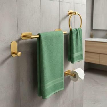 Imagem de Kit Porta Toalha Banheiro Acessórios Sem Furo Dourado Lavabo Adesivo 4