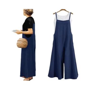 Imagem de Macacão Feminino De Verão Sem Mangas Em Cor Sólida Com Pernas Largas C