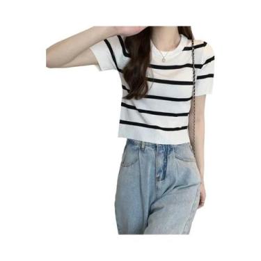 Imagem de Camiseta Feminina Slim Fit Listrada De Malha Manga Curta Verão 2023 No