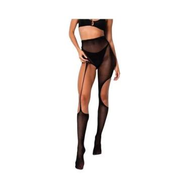Imagem de Meia-calça Gótica Preta Listrada Com Efeito De Meia De Liga Falsa E De