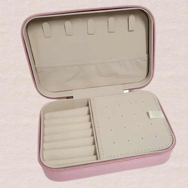 Imagem de Porta-Joias 16x11x5cm com Zíper, Divisórias e Suporte para Anéis – Preto/Rosa