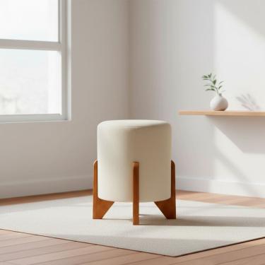 Imagem de Puff Decorativo Eloah Redondo Assento Extra para Sala Quarto Suede  Pufe com Pés de Madeira 