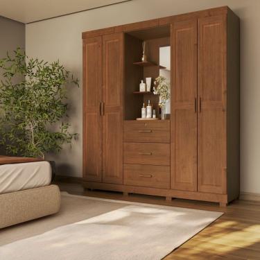 Imagem de Guarda Roupa Madeira Maciça Capela com Espelho 1143C Bronze 4 Portas e 3 Gavetas Castanho Finestra