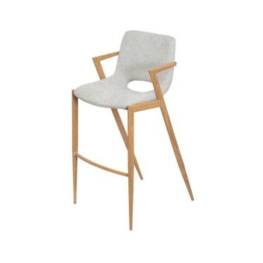 Imagem de Banqueta Ravena com Braço Assento e Encosto Linho Cinza Estrutura Metálica Simulando Madeira