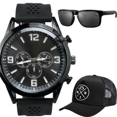 Imagem de Boné + oculos sol proteção uv + relogio masculino aço inox silicone aj