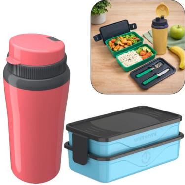 Imagem de Kit Marmita Fit Unitermi Talheres Divisórias Copo Térmico Miami 650ml 