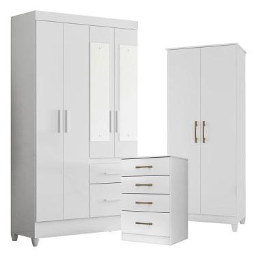 Imagem de Guarda Roupa com Espelho Infantil Sobral com Cômoda MS913 e Armário Multiuso Jade Branco Brilho – Moval
