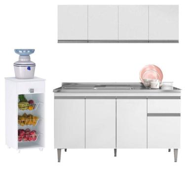 Imagem de Balcão de Pia Tatiane 145 cm e Armário Aéreo Andréia 4 Portas 150 cm com Fruteira Monalise Branco Brilho – AJL