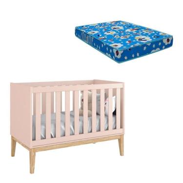 Imagem de Berço Americano New Classic Rosa com Pés Madeira Natural e Colchão Ortobom – Reller