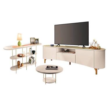 Imagem de Rack Bancada Elara Off White Champanhe com Mesa de Centro Sky e Aparador Infinity Off White - HB Móveis