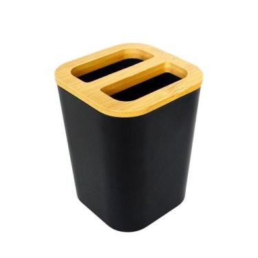 Imagem de Suporte Porta Escova de Dente e Creme Dental Plástico e Bambu p/ Pia B
