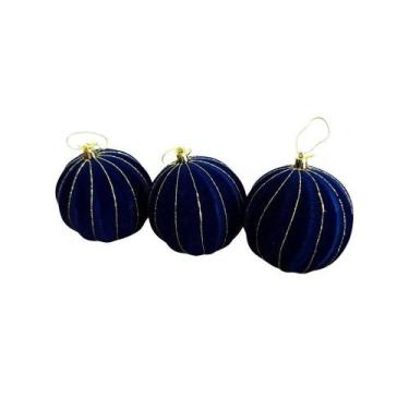 Imagem de Bolas Decorativas de Natal Jogo Bolas Veludo Gomo Azul - Fio Ouro 3 Pç