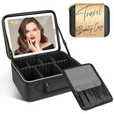 Imagem de Bolsa de maquiagem JUSRON Travel com espelho LED e porta-escovas preta