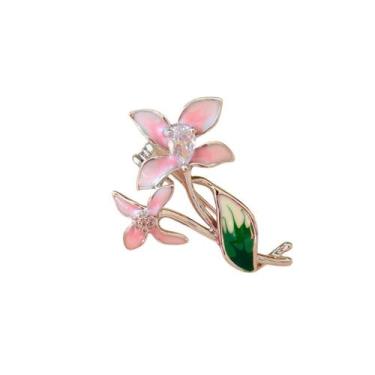 Imagem de Broche Flor com Folhas Verdes e Zircônia - - Pistache Acessórios, Rosa