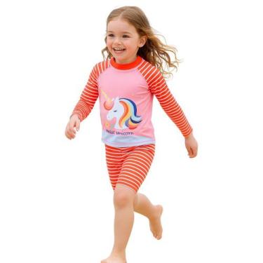 Imagem de Kit Praia Infantil Unicórnio Rosa Menina Manga Longa UV - anjo da mamã