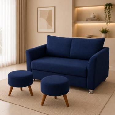 Imagem de Conjunto Namoradeira Lisboa 2 Lugares + 2 Puffs Redondos Suede Azul Ma