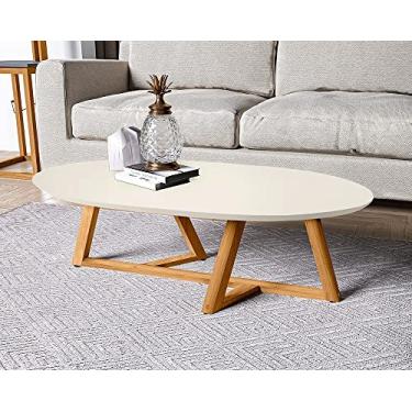 Imagem de Mesa de Centro Sala Classic Oval com Pés em Madeira Maciça Off White/Amendoa