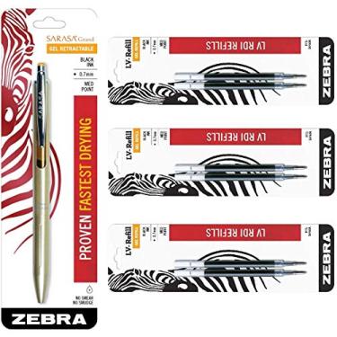 Imagem de Zebra Pen Zebra Sarasa Grand, Caneta De Tinta Gel Retrátil, Barril, Ponta Média, 0,7 Mm, Tinta Preta, Pacote De 1 Contagem Com 6 Recargas Conjunto De 7 Peças Ouro