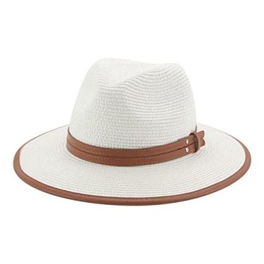 Imagem de Chapéu de palha panamá verão mulheres/homens aba larga praia chapéu de sol proteção UV chapéu de cowboy fedora, Branco, Tamanho Único