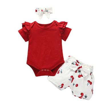 Imagem de Body infantil para bebês meninas cor sólida manga curta gola redonda tops + shorts com estampa floral + roupas de tiaras