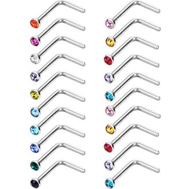 Imagem de Piercing de nariz curvo de 20 peças Mudder de aço inoxidável, anel de nariz de cristais G, piercing de parafuso de nariz, calibre 20 (15 cores)