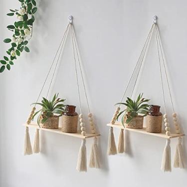 Imagem de Pacote com 2 prateleiras de madeira para pendurar na parede – Prateleira de macramê para pendurar plantas com borla, Prateleiras flutuantes Boho para armazenamento feito à mão rústico suporte para vaso (2 borlas)