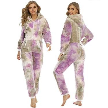 Imagem de Pijama de flanela feminino Loungewear Onesies Roupa de dormir Conjunto de pijama Roupa de dormir com capuz macio com bolso, Roxo 1, P (55 kg/165 cm)