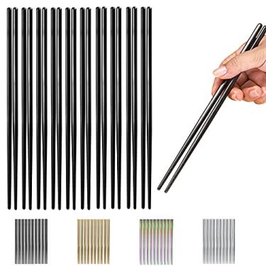 Imagem de 10 pares de hashis reutilizáveis, palitos de metal de aço inoxidável chapeados de titânio preto, pauzinho coreano chinês japonês seguro para lava-louças, 21 cm (preto/palitos de corte)