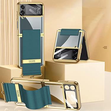 Imagem de Suporte para alça de pulso para Samsung Galaxy Z Flip 4 5G Case Plating Transparent Hard PC Anti Drop Flip Case para Z Flip4, alça verde escuro, para Galaxy Z Flip 4