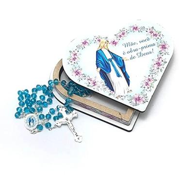 Imagem de Terço Nossa Senhora Das Graças Cristal Azul Caixinha Coração