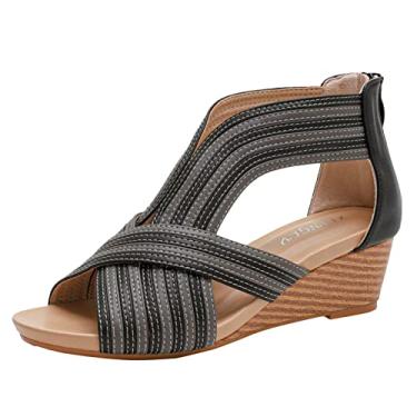Imagem de Sandálias anabela para mulheres sandálias femininas moda de verão senhoras boca de peixe boêmia sandálias de salto romano (preto, 6,50)
