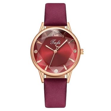 Imagem de Relógio de pulso feminino vintage elegante zircão numerais romanos relógio feminino casual de couro, Vermelho rosa