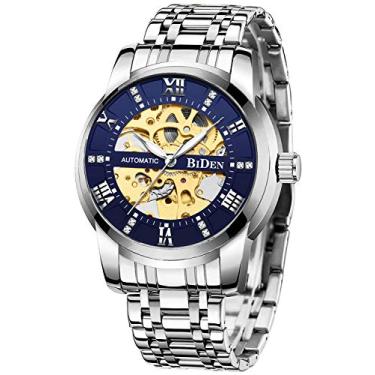 Imagem de Relógios de pulso masculinos mecânicos automáticos de aço inoxidável, esqueleto, à prova d'água, com mostrador de diamante, para homens, Azul, Mecânico, corda automática