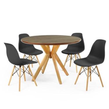 Imagem de Conjunto Mesa de Jantar Redonda Marci Premium Natural 100cm com 4 Cadeiras Eames Eiffel - Preto