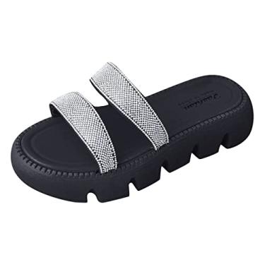 Imagem de CsgrFagr Sandálias femininas de sola grossa com chinelos de moda de diamante linha de tendência de verão com sandálias de couro para mulheres baixas, Preto, 6.5
