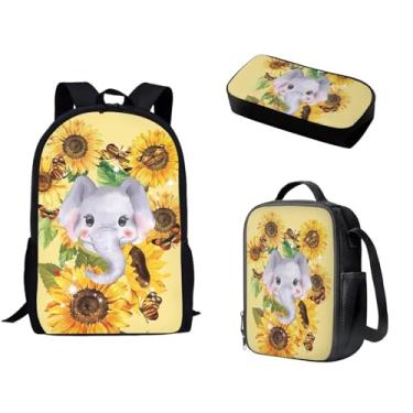 Imagem de Spowatriy Conjunto de mochila escolar para meninas, meninos, elefante e girassol, com lancheira e estojo, 3 peças, mochila escolar leve à prova d'água com vários bolsos