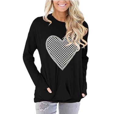 Imagem de LiLLiYADi Camisas de manga comprida para mulheres, moletom grande pulôver gráfico camisetas folgadas camisas de bolso, B - coração xadrez, G