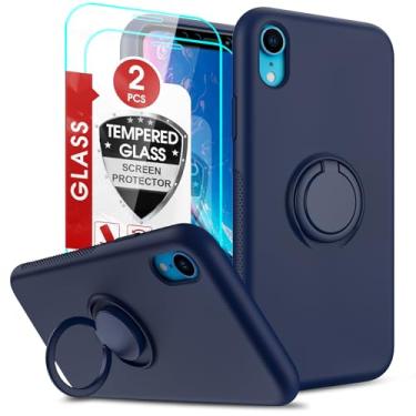 Imagem de LeYi Capa para Apple iPhone XR: com 2 peças de protetor de tela de vidro para mulheres meninas meninos, capa de telefone à prova de choque de silicone líquido com suporte para iPhone 10 XR, azul