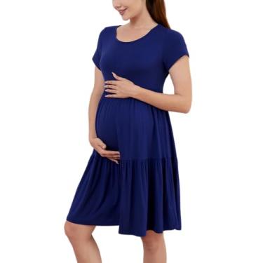 Imagem de PARNIXS Vestido feminino de verão de manga curta para gestantes patchwork roupas de gravidez, Azul escuro, G