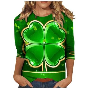 Imagem de Camiseta feminina do Dia de São Patrício Lucky Shamrock, túnica verde, manga 3/4, camiseta de verão, Bronze, XXG