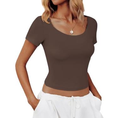 Imagem de Sherosa Camisetas femininas de manga curta com gola redonda e forro duplo slim fit camisetas básicas Y2k, Marrom, P