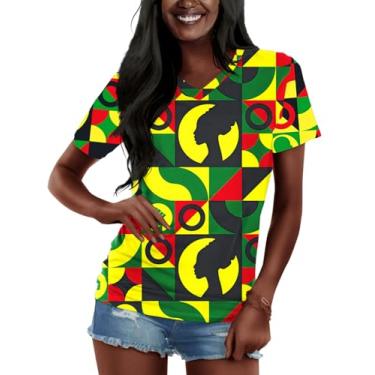 Imagem de AOBUTE Camiseta feminina juneteenth gola V manga curta verão tops, Vermelho, amarelo, verde, XXG