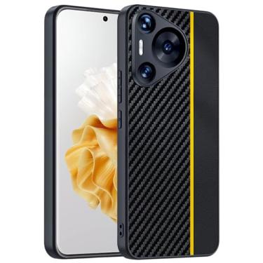 Imagem de HAZARA Capa estilo empresarial para Huawei Pura 70 Ultra/70 Pro/70 Pro+/70, capa de couro com textura de fibra de carbono, fina, proteção antiqueda, amarela, 70 Pro+