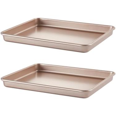 Imagem de Kazozobi Conjunto de 2 assadeiras antiaderentes e bandejas de biscoito para forno, pacote com 2 formas retangulares duráveis (douradas)