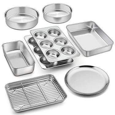 Imagem de Conjunto de 9 peças de utensílios, panelas de cozinha de aço inoxidável P&P CHEF, incluindo torradeira de forno/prateleira de resfriamento/assadeira de lasanha/formas redondas de bolo/muffin/pão/pizza, saudável e durável, pode ser lavado na lava-louças