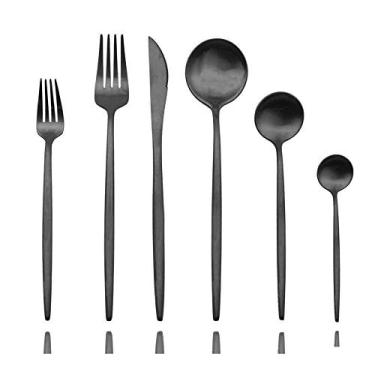 Imagem de Conjunto de talheres JASHII luxuosos pretos, prataria, 24 peças, elegante, fofo 18/10 de aço inoxidável, conjunto de talheres para restaurante de cozinha doméstica e hotel, conjuntos de serviços para 4 pessoas, pode ser lavado na lava-louças, Preto, Service for 1, 1