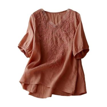 Imagem de Camiseta feminina de linho, gola V, caimento solto, bordada, mexicana, meia manga, confortável, túnica, Vermelho, G