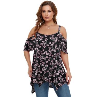 Imagem de LARACE Tops de ombro vazado para mulheres, roupas de verão, túnica com alças finas, camisetas grandes assimétricas, blusa plus size, A - preto 40, 4X