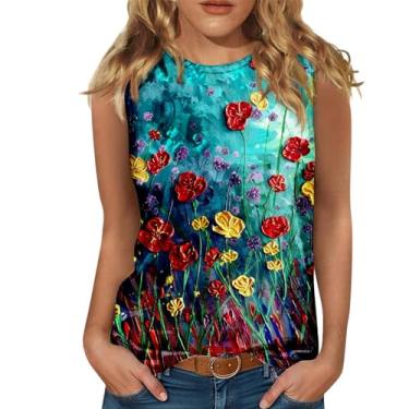 Imagem de Camiseta regata feminina com estampa floral, frente única, sem mangas, verão, casual, folgada, túnica, boho, férias, Azul-celeste, M