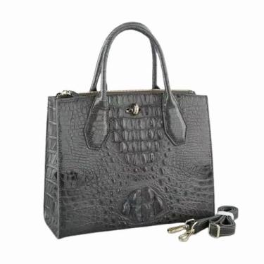 Imagem de Bolsa feminina autêntica de couro jacaré genuíno exótico pele de crocodilo bolsa de ombro única feminina bolsa transversal, Cinza, 28cm(Width) x 23cm(Height) x 11.5cm(Deep)